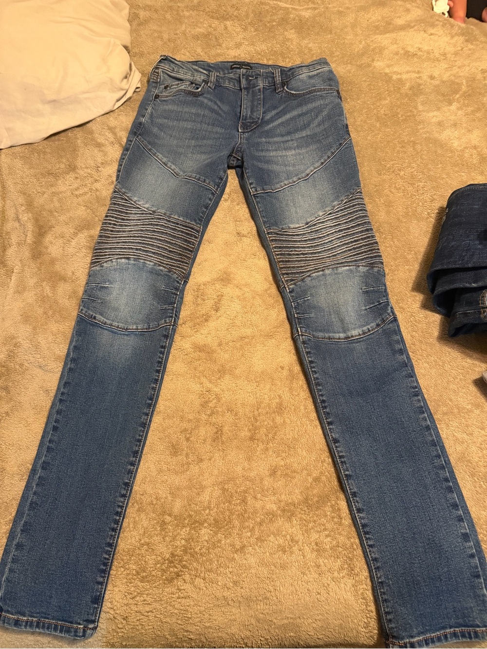 True Religion Men's Skinny Jeans in Medium Blue with Moto Ribbing